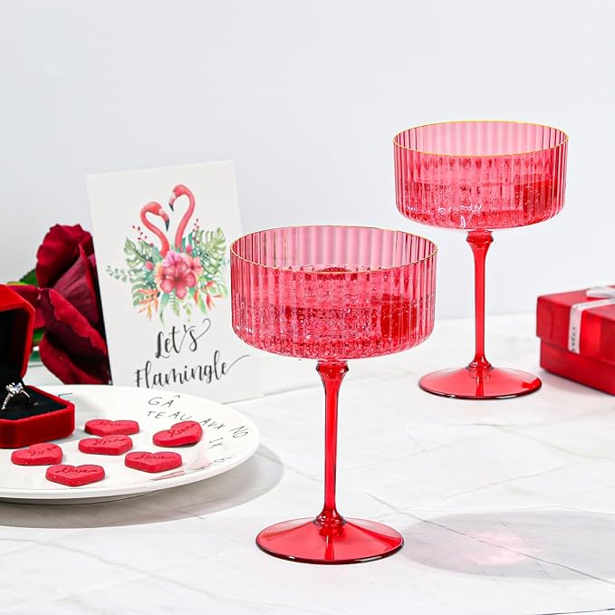 24 PCS Plastic Ribbed Martini Glasses 10 oz Detachable Gold Rim Red Ribbed Coupe Glasses Vintage Christmas Martini Cocktail Glass for Bar,Margarita,Gin,Tequila, Desserts and Snacks
