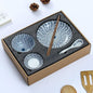 Gegong Blue and White Porcelain Dinnerware Set, Dishes, Bowl, Spoon, Chopsticks, Service for 1, Colorful Glazed Ceramic Set, Gift Box Packaging (Willow Leaves)