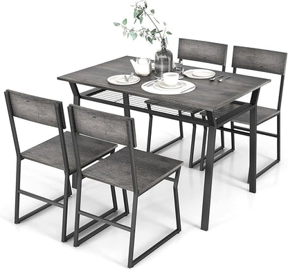 Giantex Dining Table Set for 4, 47”L x 28”W Rectangular Kitchen Table w/ 4 Trapezoid Chairs, Reinforced Metal Frame & Storage Rack, Industrial Space-Saving Dinette Set for Kitchen Dining Room (Grey)