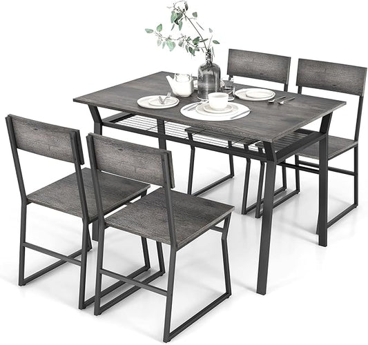 Giantex Dining Table Set for 4, 47”L x 28”W Rectangular Kitchen Table w/ 4 Trapezoid Chairs, Reinforced Metal Frame & Storage Rack, Industrial Space-Saving Dinette Set for Kitchen Dining Room (Grey)