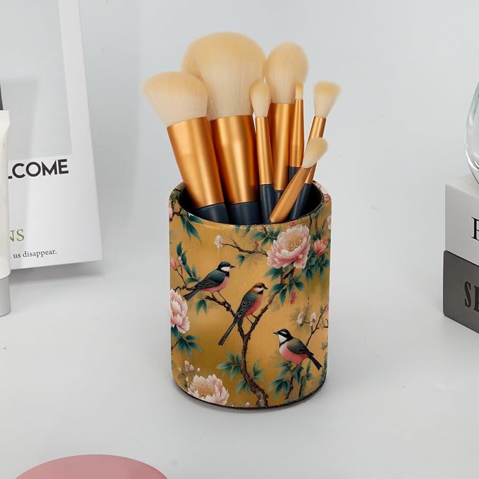 Leather Pen Holder for Desk, Peony Bird Pencil Cup Pen Organizer Makeup Brush - Image 6