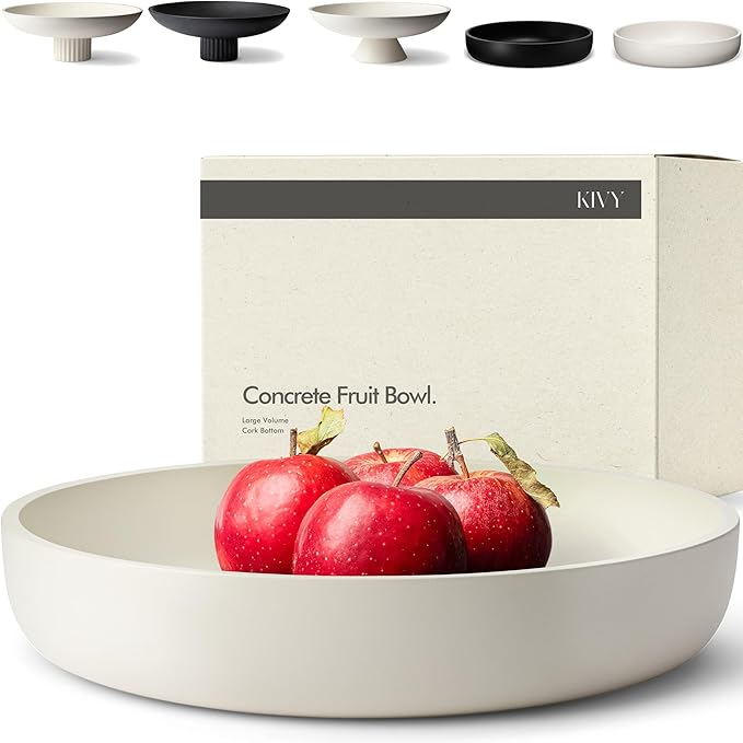 KIVY Concrete Fruit Bowl for Kitchen Counter - Large Decorative Bowl for Home Decor - Modern Fruit Basket for Entryway Table - Concrete Bowl - Decorative Bowls for Home Decor - White Fruit Bowl Decor