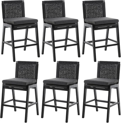 Mid Century Modern Counter Height Barstools Set of 6, 27” Linen Upholstered Counter Stools with Rope Woven Back Wooden Farmhouse Bar Stools for Kitchen Island Dining Room,Charcoal