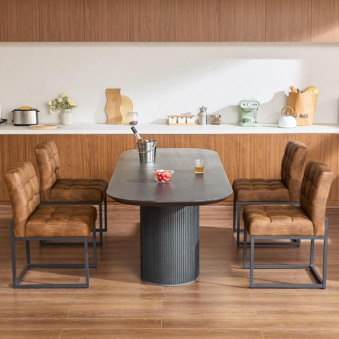 Coffee Faux Leather Dining Chairs Set of 4, Mid-Century Modern Dining Room Chairs with Armless, Checkered Kitchen Chair with Metal Legs