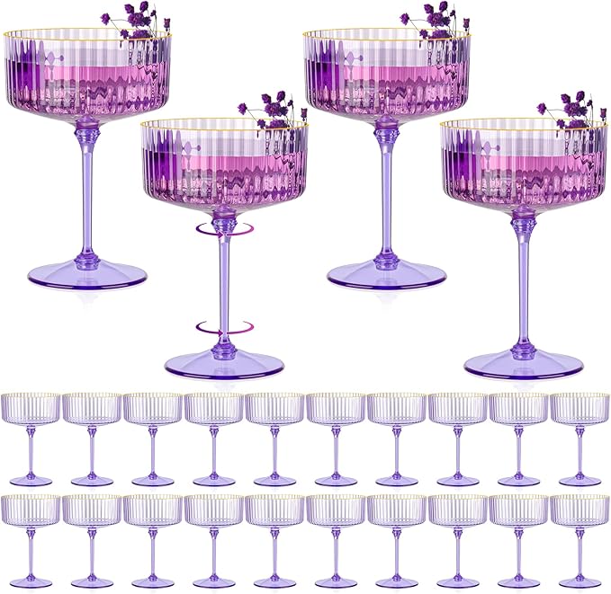 24 PCS Ribbed Coupe Glasses Purple Plastic Champagne Coupe Cup 10oz Detachable Gold Rim Espresso Martini Glass Vintage Margarita Glassware Cocktail Glass Disposable for Halloween Bridal Showers