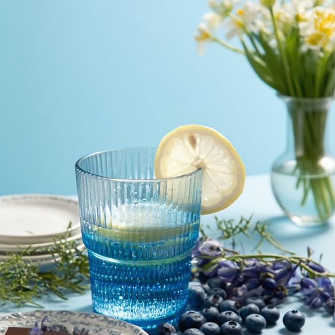 Blue Ribbed Drinking Glasses, 14 fl oz Glass Cups Set of 4 | Aesthetic Style - Image 6