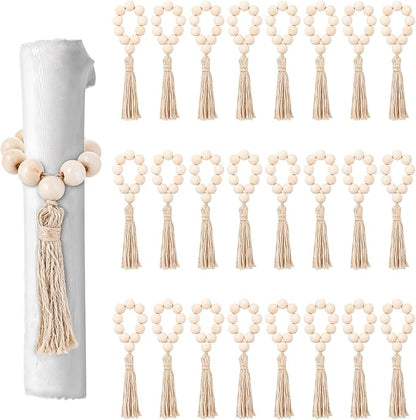 24 Pcs Wooden Bead Napkin Rings, Farmhouse Napkin Rings with Tassel Boho Napkins Ring for Dining Table,Wedding Decoration (Nature)