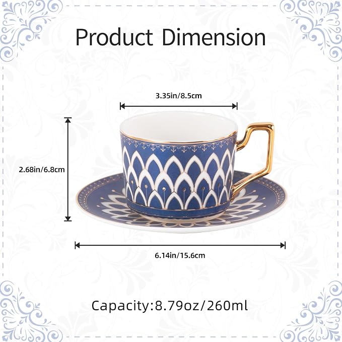 KAMMAK Tea Cups and Saucers Set of 2, Fine Bone China Coffee Cups, NX027 | - Image 2