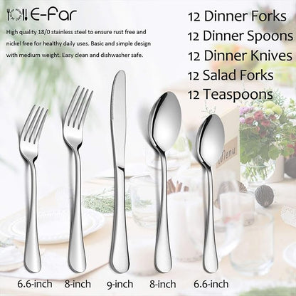 60-Piece Silverware Flatware Set, E-far Stainless Steel Dinner Cutlery Utensil - Image 7