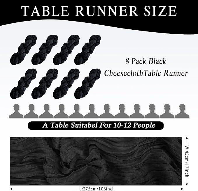 8 Pack Black Cheesecloth Table Runner 17x108 inch Boho Gauze Cheese Cloth Table - Image 2