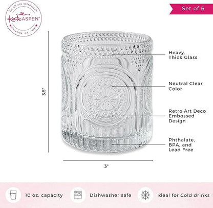 Ribbed Retro Arch Floral Clear Drinking Glasses Set of 6, Vintage Glassware Set - Image 6