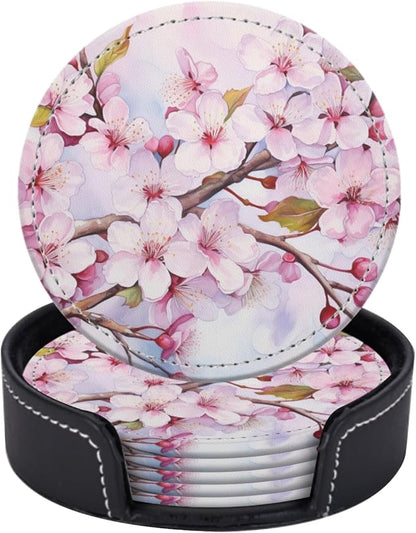 Coasters for Drinks PU Leather,Set of 6 with Holder,Round Housewarming Gift Home Decor,Cherry Blossoms with Pink Petals