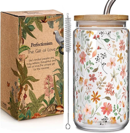Floral Iced Glass Cups with Bamboo Lids and Straws 16oz Wildflower Coffee Cup by Unknown