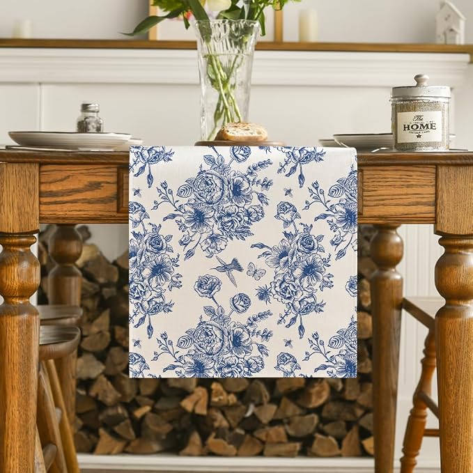 Artoid Mode Spring Navy Blue Floral Chinoiserie Table Runner, Seasonal Summer - Image 2