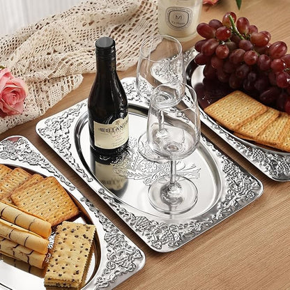 4-Pack Silver Serving Trays Set - ZENOVLUX Vintage Floral Engraved Mirror Decorative Tray, 13.8" x 8.7" Party Platters for Valentine's Day, Food, Appetizer, Charcuterie, Cookies, Desserts