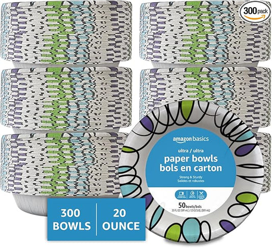 Amazon Basics Ultra Paper Bowls, 20 Oz, Disposable, 300 Count, White (6 packs of 50)