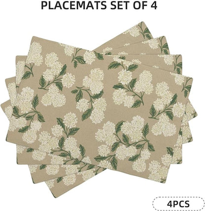 Beige Placemats Set of 4 Khaki Green Hydrangea Flower Decor Place Mats 12x18 Inch Vintage Floral Spring Summer Seasonal Decorative Linen Table Mats for Kitchen Dining Party Table Decoration