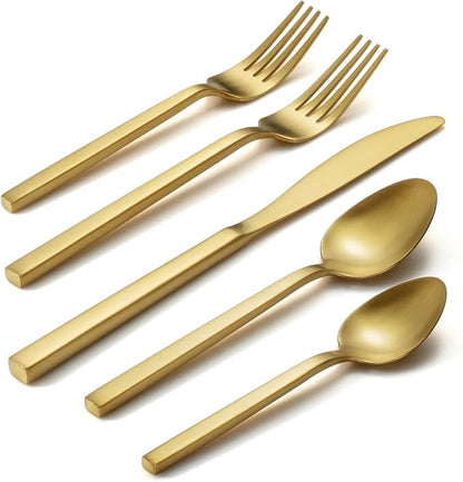 Alata Cube Matte Gold 40-Piece Flatware Set, Forged Cutlery Set, Service by Alata