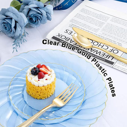 YOUBET 125PCS Clear Blue Gold Plastic Plates - Image 4