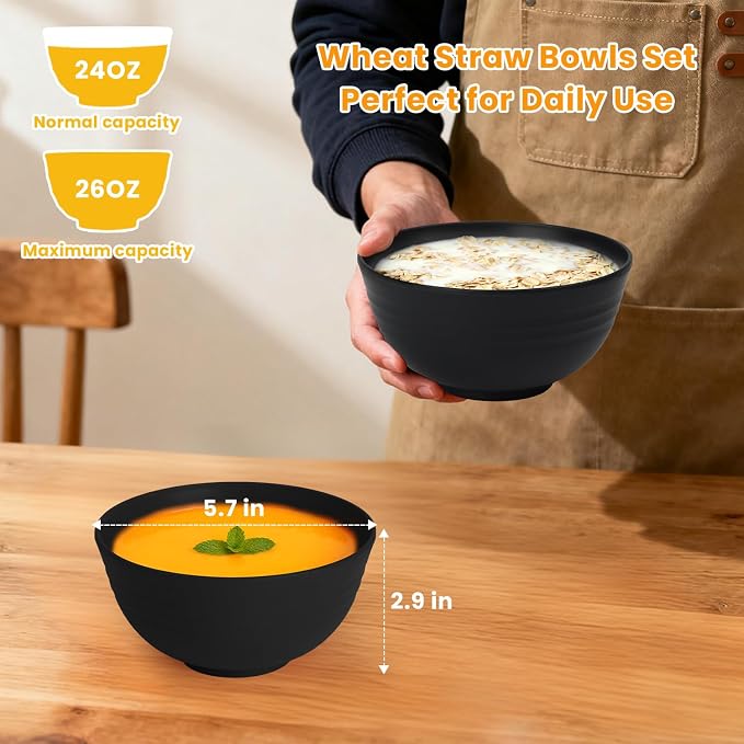 Cereal Bowls Wheat Straw Bowls for Dorm, Kitchen Bowls Set of 6 Unbreakable - Image 2