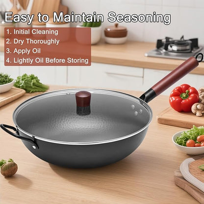 WANGYUANJI Carbon Steel Wok with Lid, 13.4" Hand Hammered Stir Fry Pan with Detachable Wooden Handle, Flat Bottom Wok Pan for Electric, Induction & Gas Stoves, No Coating (Black)