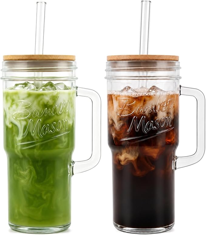 ANOTION Glass Cups with Lids and Straws - 24oz Tumbler with Handle Coffee Cups by ANOTION