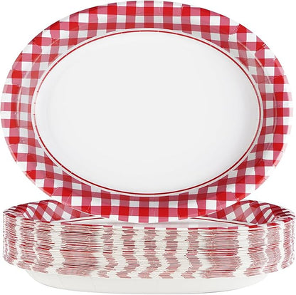 50Pcs Gingham Oval Paper Plates 10" x 12" Large Disposable Heavy Duty Valentine‘s Day Red and White Buffalo Checked Plaid Paper Dessert Platter Plates for Valentines Day Picnic Birthday Party Supplies