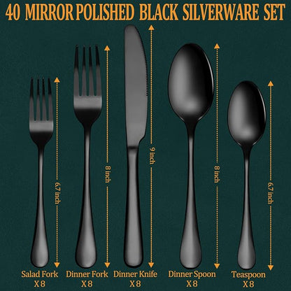 40 Pcs Black Silverware Set, Stainless Steel Flatware Set - Image 2
