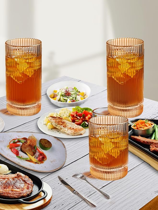 Amber Glassware Ribbed Drinking Glasses Set of 8, Vintage Glassware Set - Image 5