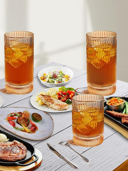 Ribbed Glassware Vintage Drinking Glasses 12Pcs Set （6 Highball Glasses 16Oz - Image 5