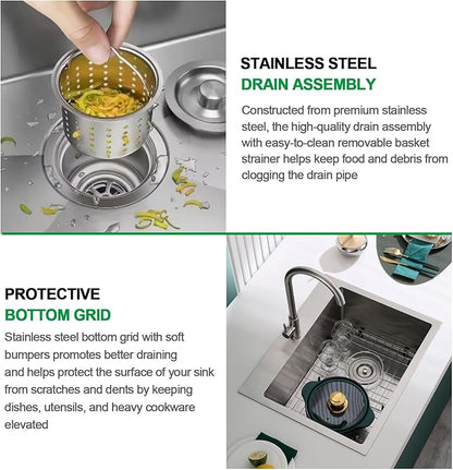 Kitchen Sink, 22 x 18 Inch Drop in Sink, 304 Stainless Steel Kitchen Sink, Centre-Offset Drain, 9" Deep Single Bowl, Topmount Installation, Brushed(Inclued Drain Strainer & Bottom Grid)