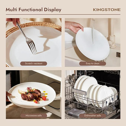 KINGSTONE Bone China Dinnerware Set for 4 with 20 Piece Silverware Set for 4, Dishwasher Safe, Tableware for Daily Use with Elegant Design