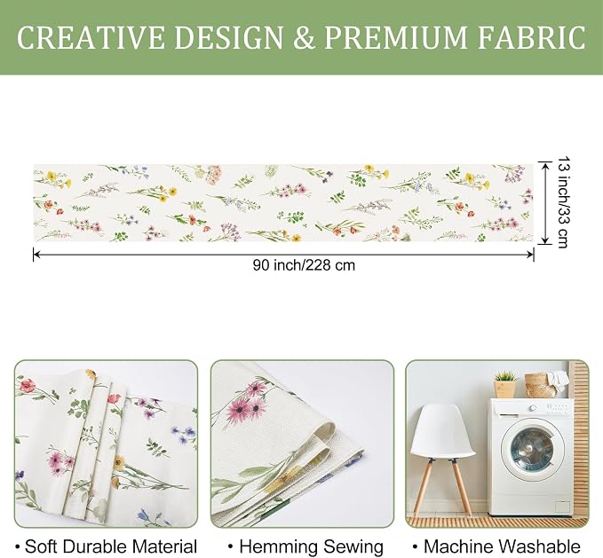 Bonhause Spring Floral Table Runner 13x90 Inch Purple Pink Wildflower Leaves - Image 6