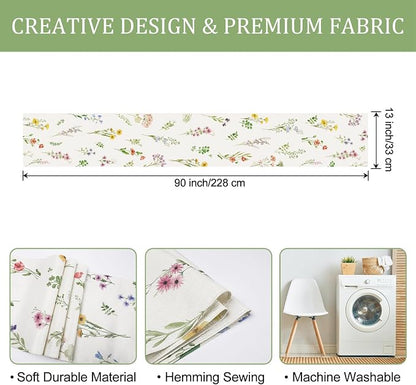 Bonhause Spring Floral Table Runner 13x90 Inch Purple Pink Wildflower Leaves - Image 6