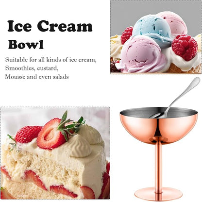 Ice Cream Bowls Stainless Steel Dessert Cups with Spoons Reusable Footed Sundae Cups Ice Cream Cups for Dessert, Frozen Yogurt, Gelato, Birthday Party Decorations (1, Rose glod)