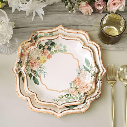 50 Pack 8" White/Rose Gold Floral Print Scallop Rim Dessert Plates, Disposable Round Paper Appetizer Salad Plates 300 GSM for Party Decoration