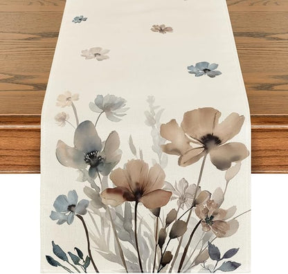 Artoid Mode Brown Poppy Floral Leaves Spring Table Runner, Seasonal Summer Kitchen Dining Table Decoration for Home Party Decor 13x108 Inch