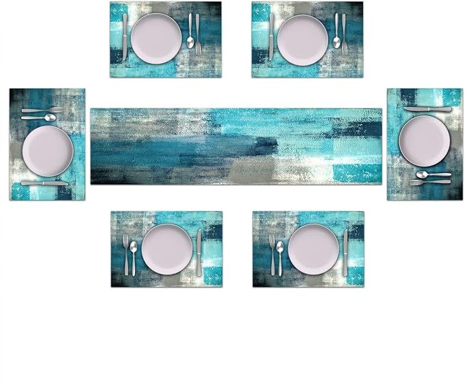Teal Blue Abstract Table Runner and Place Mats Set of 6 Turquoise Teal - Image 2