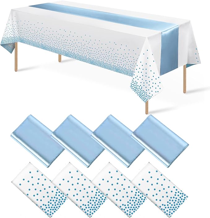 8Pack Disposable Plastic Tablecloths and Satin Table Runner Set White and Light by MASHAN