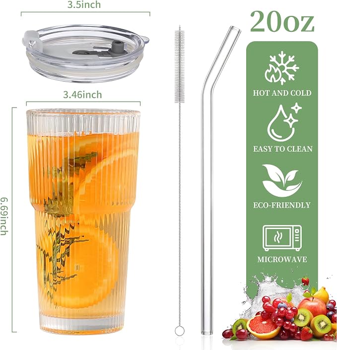 Glass Cups with Lids and Straws – 20oz Glass Tumbler with Straw and Lid - Image 2