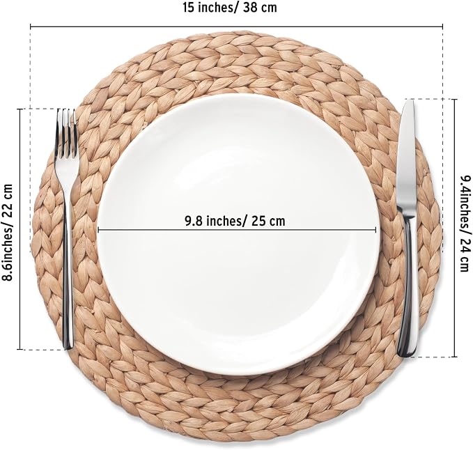 6 Pack, Round Woven Placemats, Natural Water Hyacinth Place mats, Braided Straw - Image 5