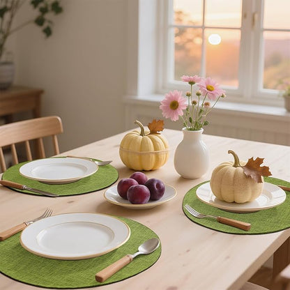 homing 15 Inch Round Cloth Placemats Set of 6, Cotton Linen Blend Washable Table Mats, Farmhouse Dining Place Mats for Indoors & Outdoors, Easy to Clean, Grass Green
