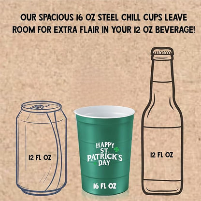16 oz. Party Cups 'St. Patrick's Day' Clover Design for Cold Drinks, Durable, Disposable, Recyclable, Made in USA, Green, 12 Count