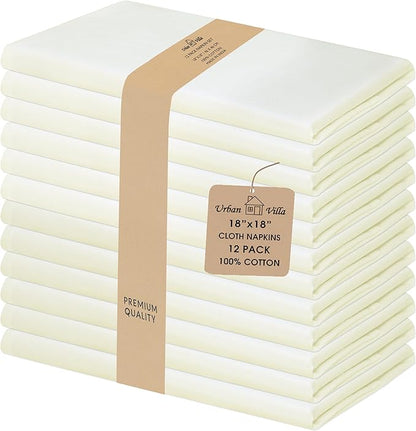 Urban Villa Cloth Napkins Ivory Dinner Napkins Set of 12 (18X18 Inches) 100% Cotton Absorbent Washable Durable Reusable Cloth Napkins Ideal for Farmhouse Party Thanksgiving Harvest Fall Dinner Napkins