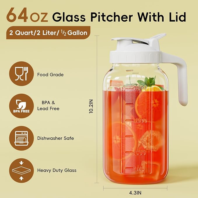 Glass Pitcher with lid, 64 oz Wide Mouth Mason Jar | Dual leak-proof lid - Image 2