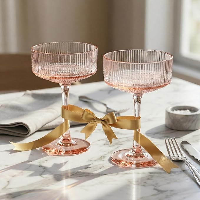 Khen Pink Peach Acrylic Ribbed Coupe Martini Champagne Cocktail Glasses - Image 7