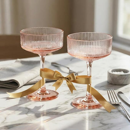 Khen Pink Peach Acrylic Ribbed Coupe Martini Champagne Cocktail Glasses - Image 7