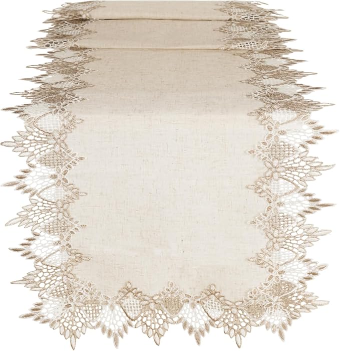 Phantomon Neutral Linen Table Runner 72 Inches Beige Embroidered Runner Lace by Phantomon