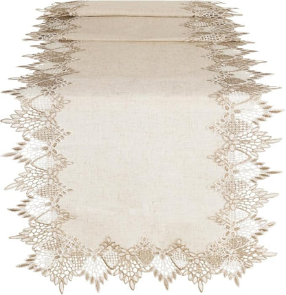 Phantomon Neutral Linen Table Runner 72 Inches Beige Embroidered Runner Lace by Phantomon