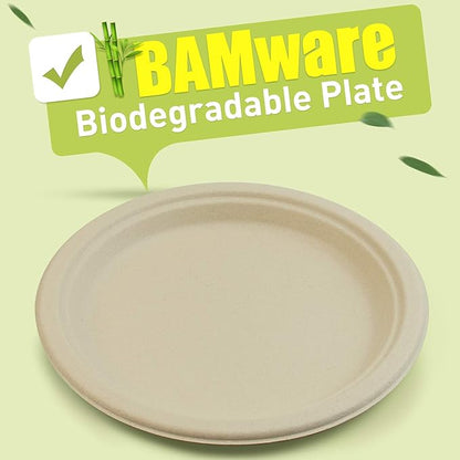 Green Earth, 9-Inch, 500-Count, Compostable Plates, Natural Bamboo Fibers, Everyday Tableware - Biodegradable Disposable Round Shape Microwave-Safe Gluten-Free Eco-Friendly